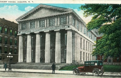 Vintage postcard of the Cayuga County Courthouse with columned portico, Auburn, New York